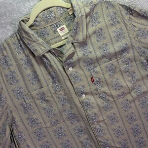 Levi Mens Shirt Sz L Tan Geometric Medallion Relaxed Short Sleeve Button Down